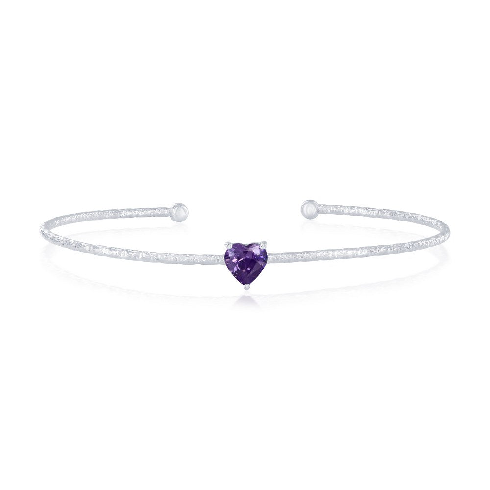 Sterling Silver, 'February' Birthstone CZ Heart Bangle - Amethyst