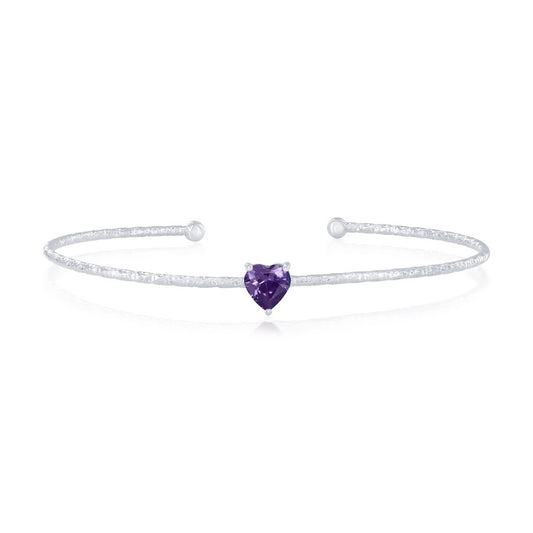 Sterling Silver, 'February' Birthstone CZ Heart Bangle - Amethyst