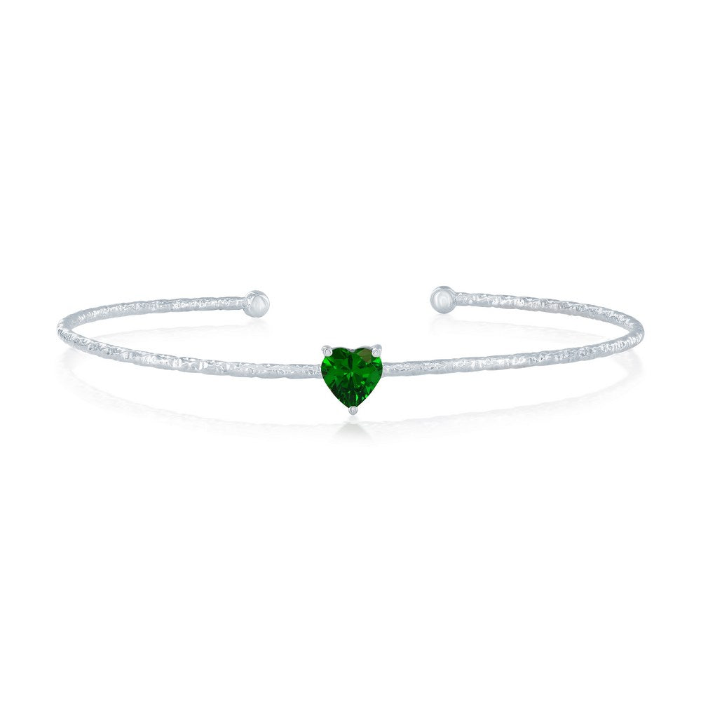 Sterling Silver, 'May' Birthstone CZ Heart Bangle - Emerald