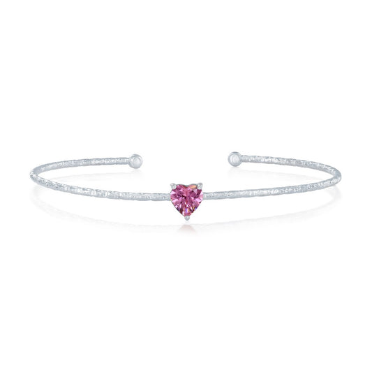 Sterling Silver, 'October' Birthstone CZ Heart Bangle - Pink