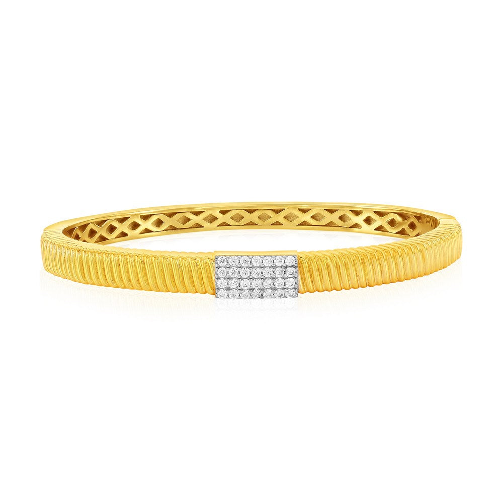 Sterling Silver, Rectangle Pave CZ, Lined Bangle - Gold Plated