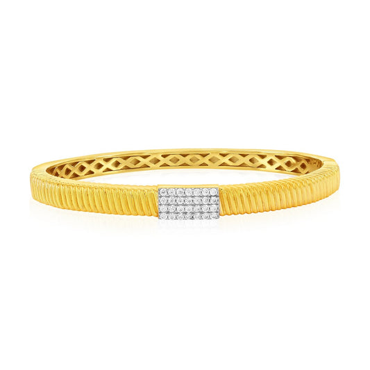 Sterling Silver, Rectangle Pave CZ, Lined Bangle - Gold Plated