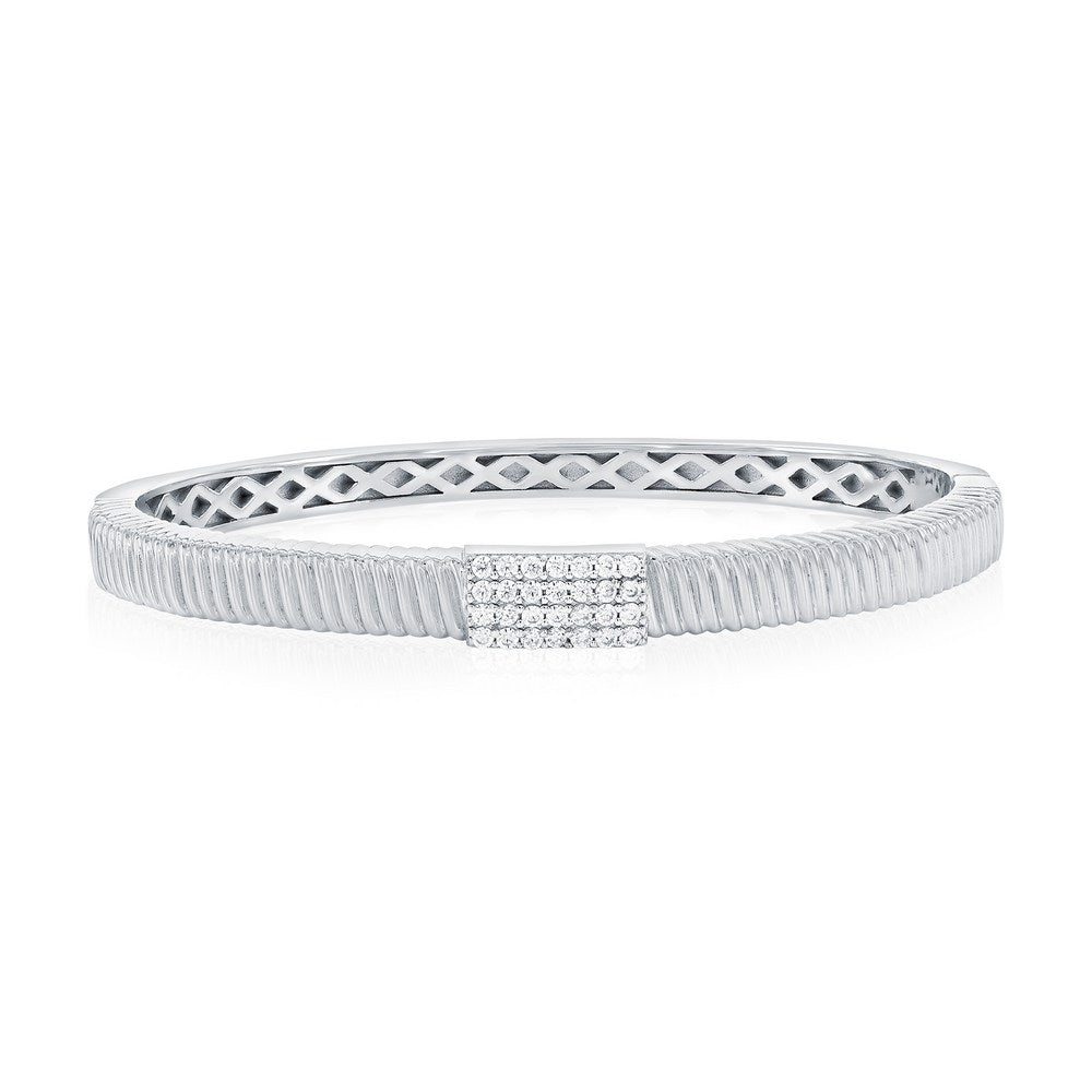 Sterling Silver, Rectangle Pave CZ, Lined Bangle