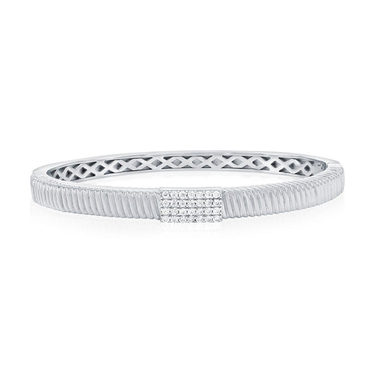 Sterling Silver, Rectangle Pave CZ, Lined Bangle