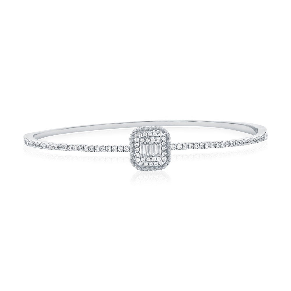 Sterling Silver, Baguette & Pave Rectangle CZ Bangle