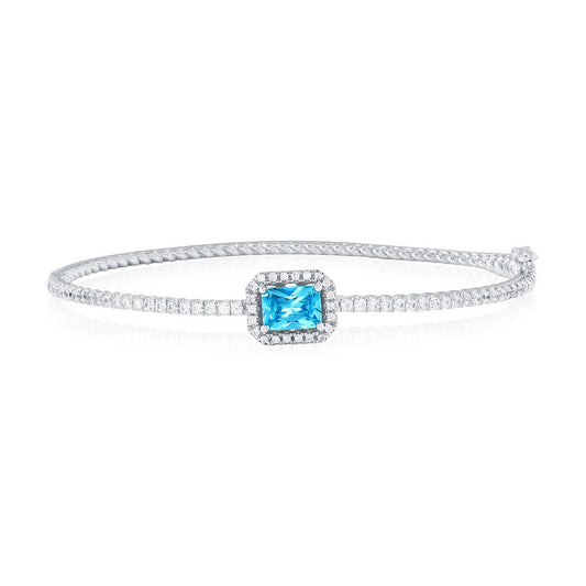 Sterling Silver, Emerald-Cut Aqua & White CZ Bangle