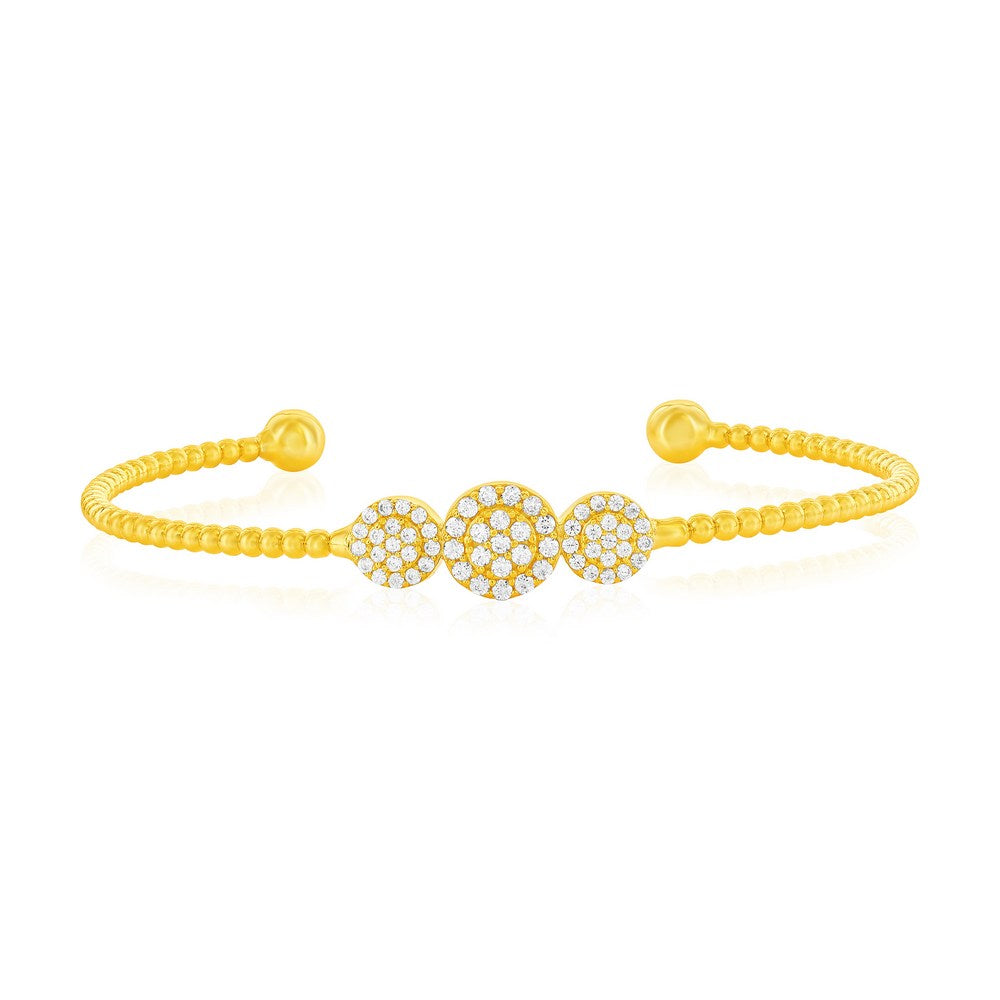 Sterling Silver, Triple Round Halo CZ Beaded Bangle - Gold Plated