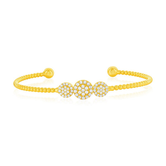 Sterling Silver, Triple Round Halo CZ Beaded Bangle - Gold Plated