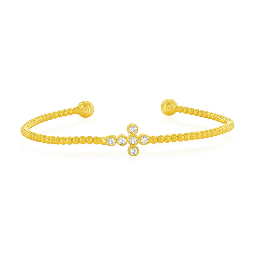 Sterling Silver, Sideways CZ Cross Beaded Bangle - Gold Plated