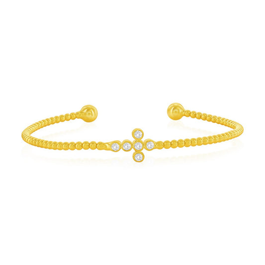 Sterling Silver, Sideways CZ Cross Beaded Bangle - Gold Plated