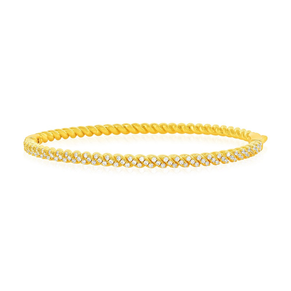 Sterling Silver, CZ & Polished Reversible Twist Design Bracelet - Gold Plated