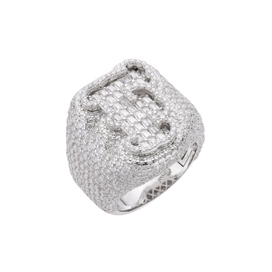 Sterling Silver Round Baugette Moissanite Albhabet F letter Initial SZ 10 Mens Ring RP 7-1/4 Cttw