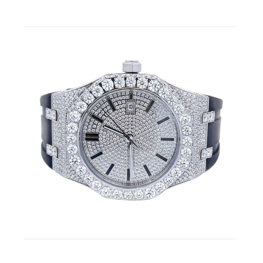 Moissanite Stainless Steel Watch Black Rubber Band 15-3/4 Cttw