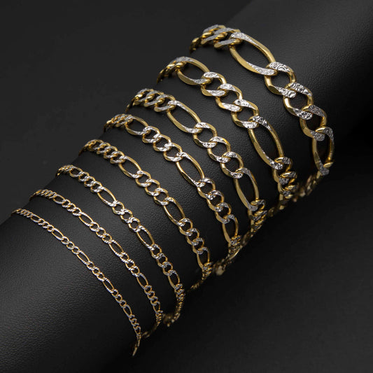 10kt Two-tone Gold Solid Figaro Pave Chain 2.0mm 9 to 24 inches